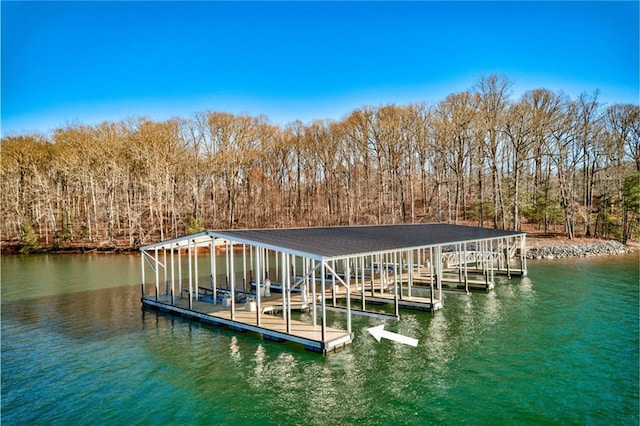 dock area with a water view, boat lift, and a view of trees