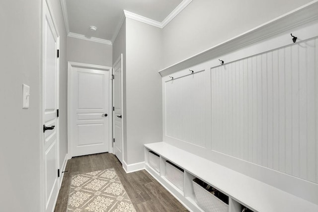 7190 Tributary Ct, Cumming, GA 30040 - mudroom with crown molding, dark wood-style floors, and baseboards