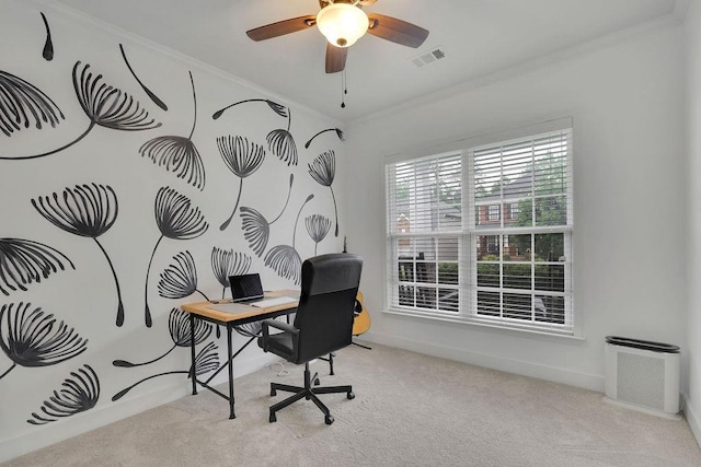 7190 Tributary Ct, Cumming, GA 30040 - home office with ornamental molding, carpet flooring, baseboards, and ceiling fan