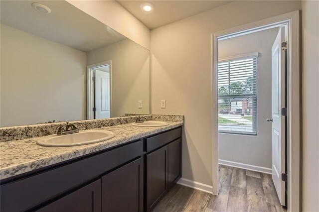bathroom with double vanity, baseboards, a sink, and wood finished floors