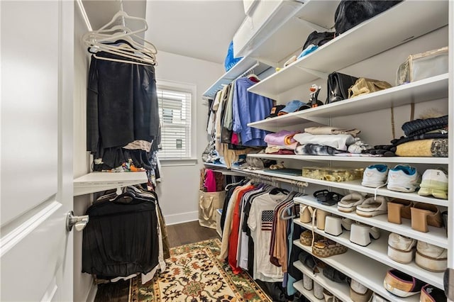 spacious closet with dark wood-style flooring