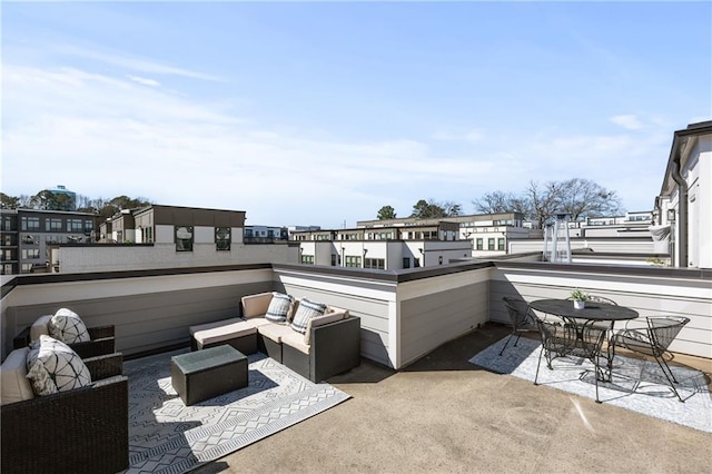 view of patio with a residential view, an outdoor living space, and a balcony