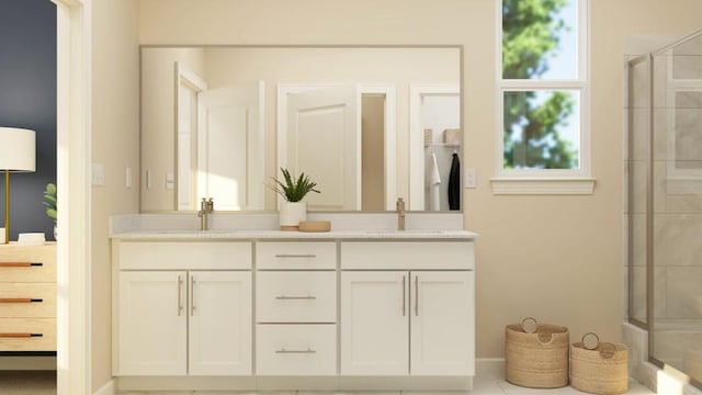 2447 Livi Ln, Buford, GA 30519 - bathroom featuring double vanity, tiled shower, and a sink