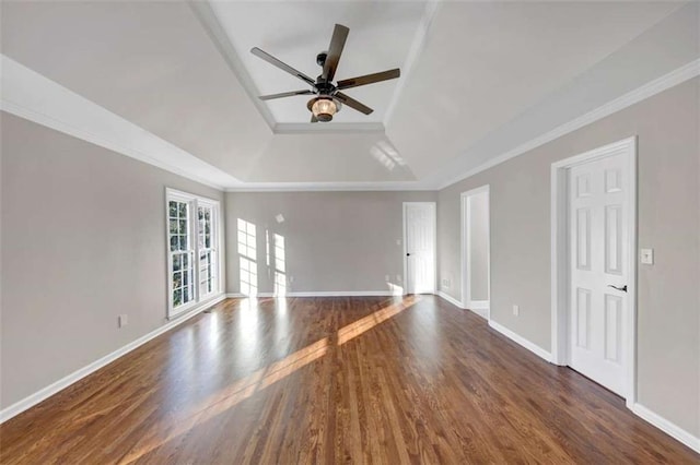 3017 Lana Ln, Marietta, GA 30066 - unfurnished living room with a raised ceiling, ceiling fan, wood finished floors, ornamental molding, and baseboards
