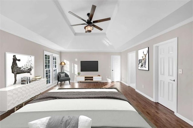 3017 Lana Ln, Marietta, GA 30066 - living area with a tray ceiling, wood finished floors, ceiling fan, baseboards, and ornamental molding