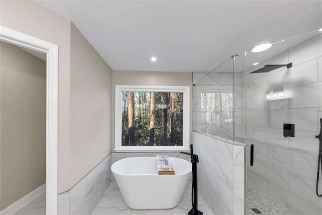 3017 Lana Ln, Marietta, GA 30066 - full bath featuring a soaking tub, marble finish floors, a shower stall, and recessed lighting
