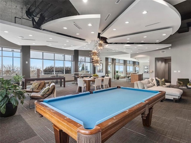 game room featuring carpet, recessed lighting, billiards table, and a high ceiling