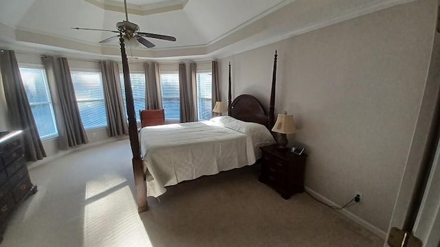 carpeted bedroom with a raised ceiling, ceiling fan, and crown molding