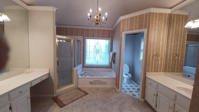 full bathroom with plus walk in shower, crown molding, vanity, and toilet