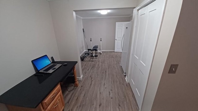 corridor featuring light hardwood / wood-style flooring and ornamental molding