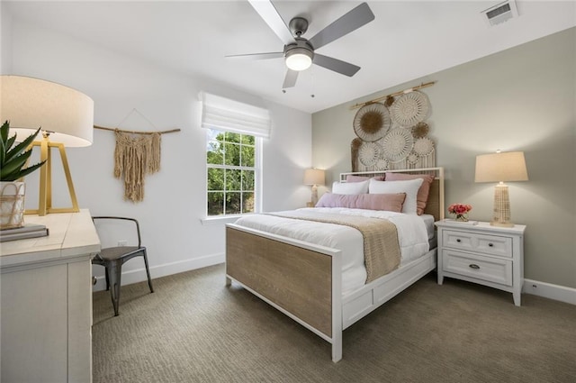 bedroom featuring ceiling fan and dark colored carpet