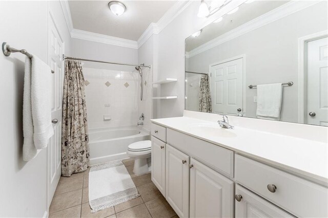 full bathroom with vanity, ornamental molding, shower / bath combo, tile patterned floors, and toilet