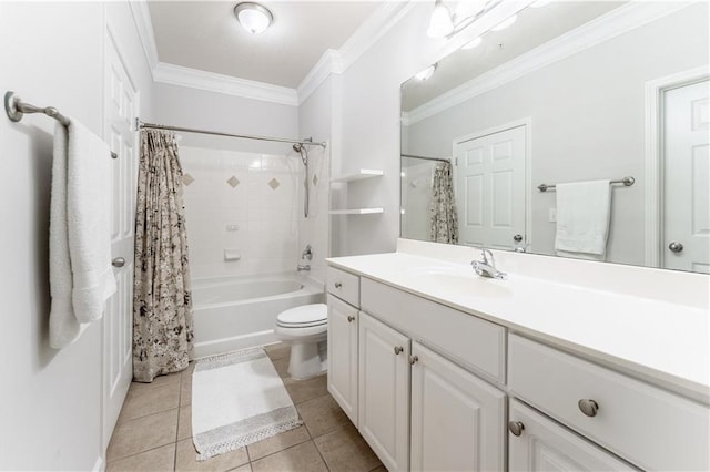 full bath featuring tile patterned floors, toilet, vanity, shower / tub combo, and ornamental molding