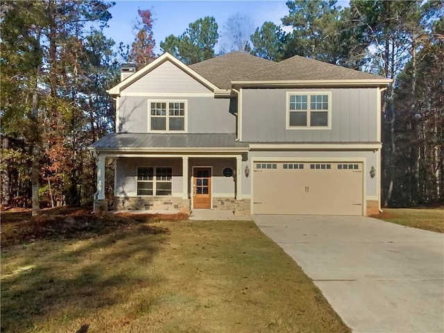60 Hammock Dr, Covington, GA 30016 - view of front of home with a porch, concrete driveway, an attached garage, a chimney, and stone siding
