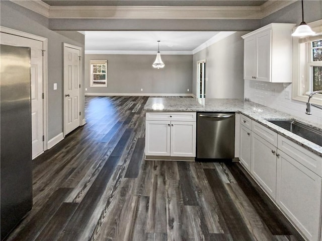 kitchen featuring white cabinetry, dishwasher, sink, light stone counters, and dark hardwood / wood-style flooring