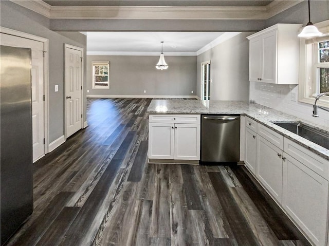 60 Hammock Dr, Covington, GA 30016 - kitchen featuring stainless steel dishwasher, a sink, dark wood-style floors, a peninsula, and white cabinetry