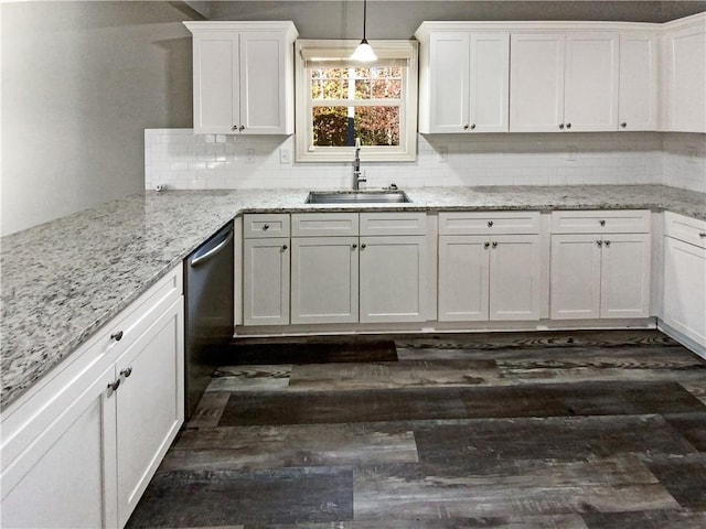 kitchen with dishwasher, sink, hanging light fixtures, dark hardwood / wood-style floors, and white cabinets