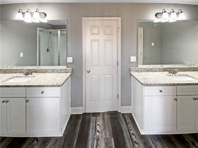 bathroom featuring wood-type flooring, vanity, and a shower with shower door