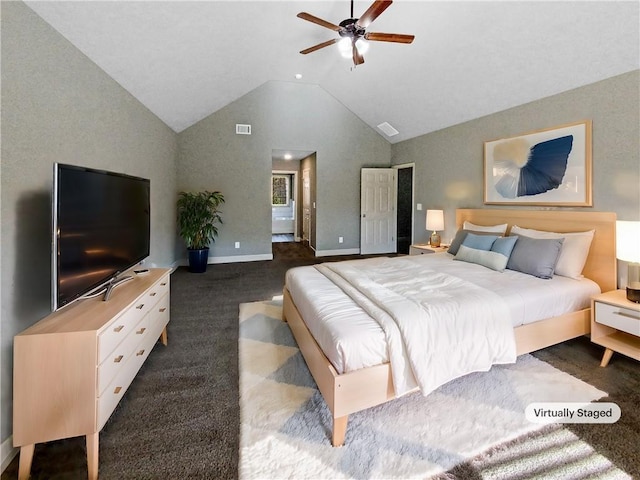 60 Hammock Dr, Covington, GA 30016 - bedroom with carpet floors, high vaulted ceiling, baseboards, and ceiling fan