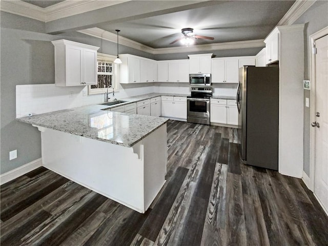 60 Hammock Dr, Covington, GA 30016 - kitchen with appliances with stainless steel finishes, a peninsula, a sink, crown molding, and a ceiling fan