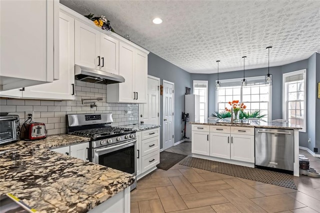 kitchen featuring white cabinets, decorative light fixtures, stainless steel appliances, under cabinet range hood, and backsplash