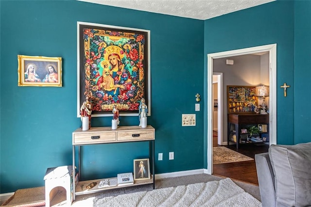 interior space with carpet flooring, a textured ceiling, and baseboards