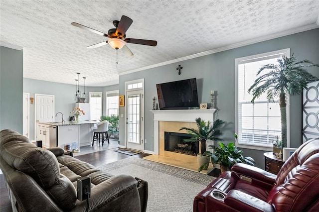 living room with ornamental molding, wood finished floors, a textured ceiling, and a premium fireplace