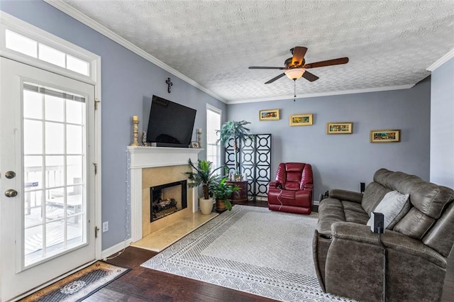 living area featuring dark wood-style floors, ornamental molding, a wealth of natural light, and a high end fireplace