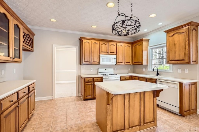 100 Hamilton Glen Ct, Fayetteville, GA 30215 - kitchen with white appliances, brown cabinetry, light countertops, a kitchen island, and recessed lighting