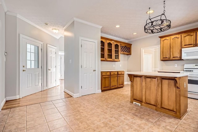 100 Hamilton Glen Ct, Fayetteville, GA 30215 - kitchen featuring white appliances, brown cabinetry, light countertops, ornamental molding, and recessed lighting