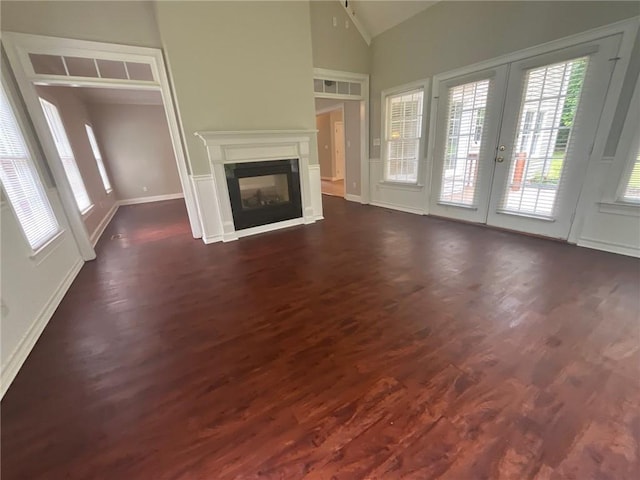 100 Hamilton Glen Ct, Fayetteville, GA 30215 - unfurnished living room with french doors, dark wood-style floors, a glass covered fireplace, and high vaulted ceiling