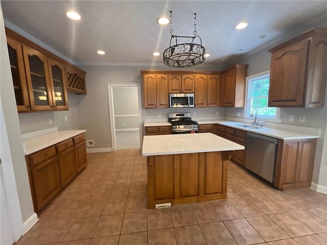 100 Hamilton Glen Ct, Fayetteville, GA 30215 - kitchen featuring appliances with stainless steel finishes, recessed lighting, light countertops, light tile patterned floors, and glass insert cabinets