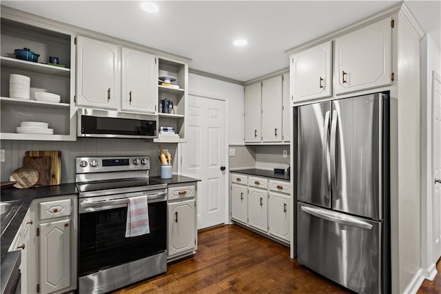 1320 Country Acres Ln, Lawrenceville, GA 30045 - kitchen featuring appliances with stainless steel finishes, open shelves, dark countertops, dark wood-type flooring, and recessed lighting
