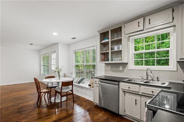 1320 Country Acres Ln, Lawrenceville, GA 30045 - kitchen featuring dishwasher, dark wood-style flooring, dark countertops, recessed lighting, and open shelves
