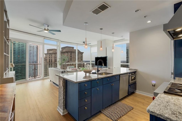 kitchen with sink, stainless steel dishwasher, blue cabinetry, and a healthy amount of sunlight