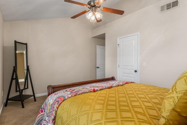 bedroom featuring a ceiling fan, carpet, visible vents, and baseboards