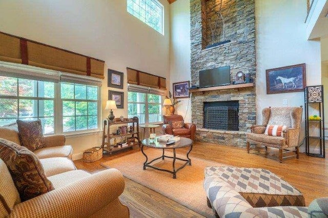 living room with wood-type flooring, a towering ceiling, and a fireplace