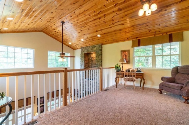 sitting room featuring carpet flooring, ceiling fan, wood ceiling, and vaulted ceiling