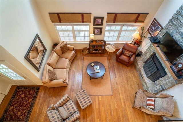 living room with wood-type flooring and a stone fireplace