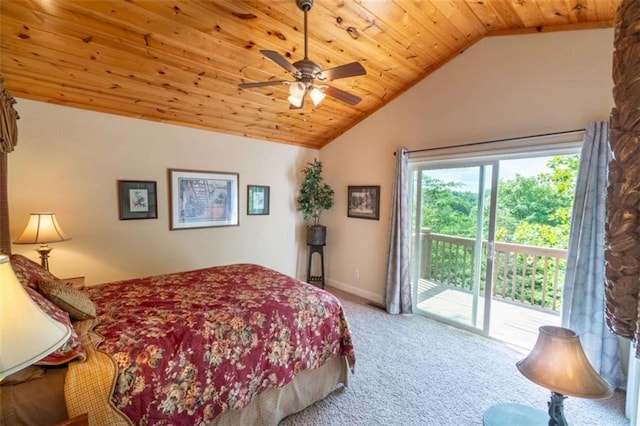 carpeted bedroom featuring access to exterior, vaulted ceiling, ceiling fan, and wooden ceiling