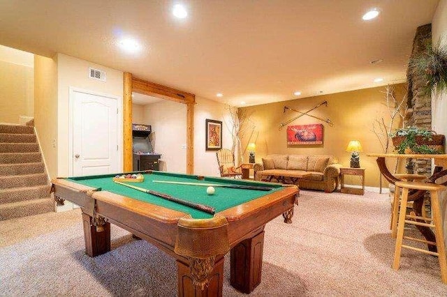 recreation room featuring carpet flooring and billiards