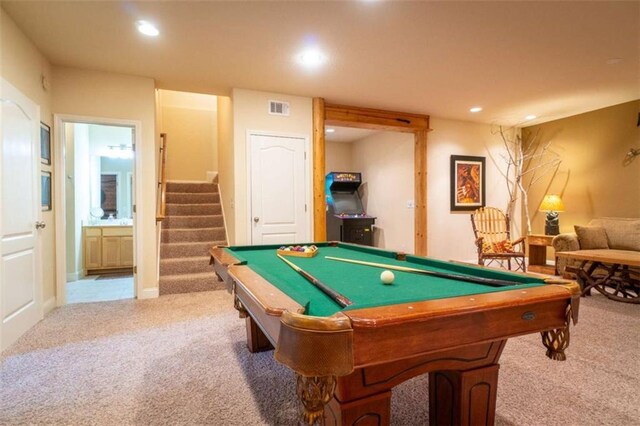 recreation room featuring carpet floors and billiards