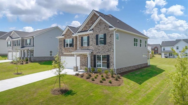 view of front facade featuring a garage, driveway, a residential view, a front lawn, and brick siding