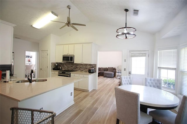 260 Ruby Forest Pkwy, Suwanee, GA 30024 - kitchen with appliances with stainless steel finishes, a sink, decorative backsplash, a ceiling fan, and light wood-style flooring