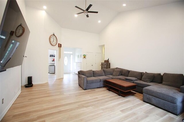 260 Ruby Forest Pkwy, Suwanee, GA 30024 - living area featuring high vaulted ceiling, ceiling fan, light wood-style flooring, baseboards, and recessed lighting