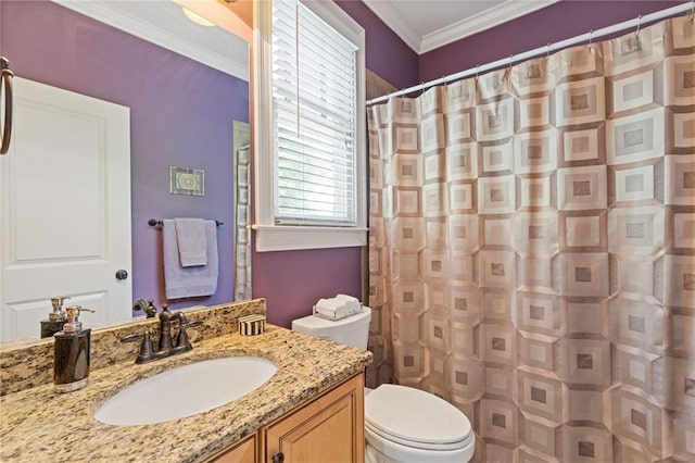 full bathroom with crown molding, toilet, curtained shower, and vanity