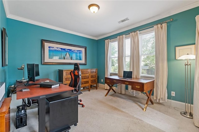 home office with crown molding, baseboards, carpet, and visible vents