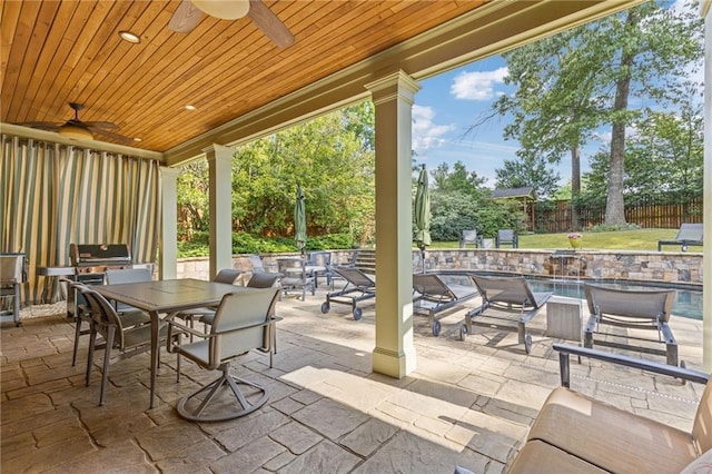 view of patio featuring exterior kitchen, ceiling fan, a fenced backyard, a fenced in pool, and outdoor dining area