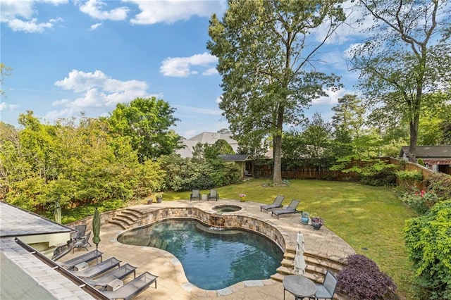view of pool with a yard, a fenced in pool, a fenced backyard, and a patio area