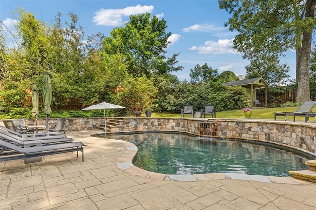 pool with fence, a patio, and a lawn